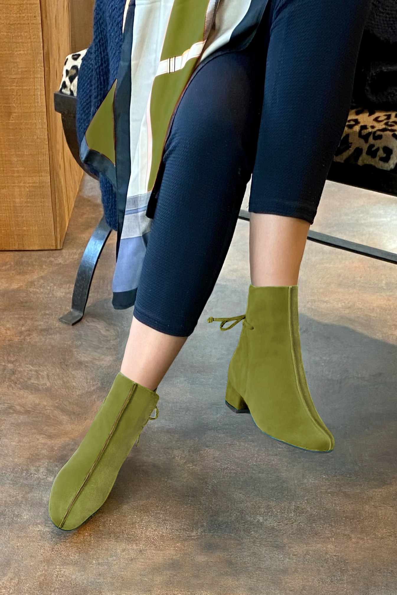 Pistachio green women's ankle boots with laces at the back. Round toe. Low block heels. Worn view - Florence KOOIJMAN